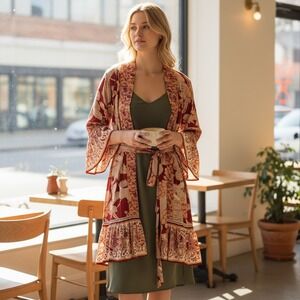 Z&L Europe Red Floral Bird Print Boho Wrap Mini Dress Bell Sleeve Small